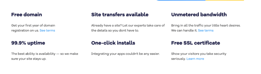 HostGator features An image showcasing WordPress hosting benefits: free domain, site transfers, unmetered bandwidth, 99.9% uptime, one-click installs, and free SSL certificate.