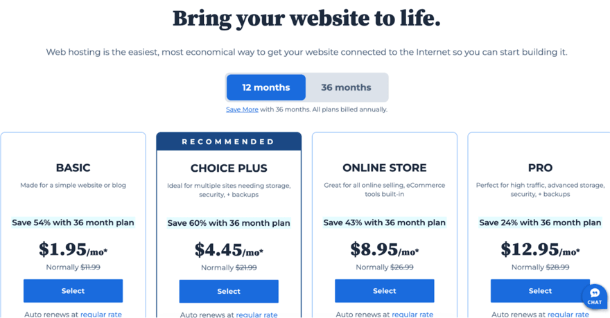 A web hosting pricing table with four plan options: Basic, Choice Plus, Online Store, and Pro, highlighting discounts for a 36-month plan and features for each.
