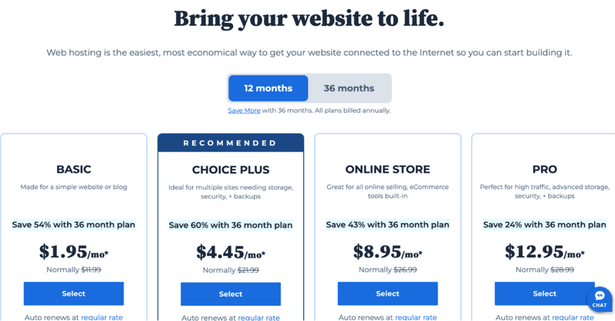 Pricing plans for Bluehost A web hosting pricing table with four plan options: Basic, Choice Plus, Online Store, and Pro, highlighting discounts for a 36-month plan and features for each.