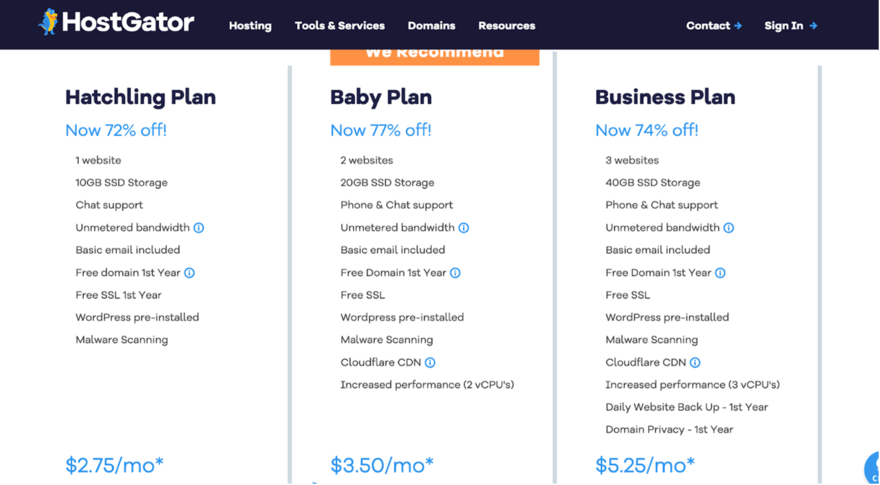 An advertisement for HostGator web hosting showing three plans: Hatchling, Baby, and Business, each with specific features and discounts highlighted.
