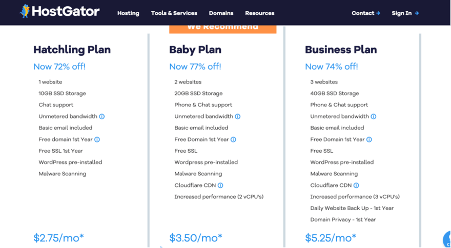 HostGator pricing An advertisement for HostGator web hosting showing three plans: Hatchling, Baby, and Business, each with specific features and discounts highlighted.