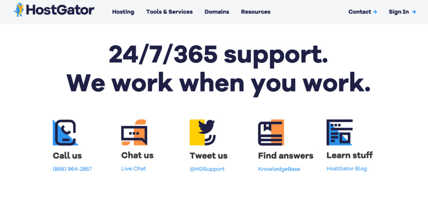 A HostGator customer support page with options to call, chat, tweet, find answers in the knowledge base, or learn from the HostGator blog, available 24/7/365.