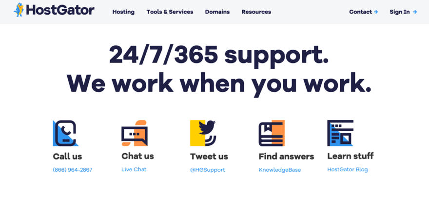 Support options A HostGator customer support page with options to call, chat, tweet, find answers in the knowledge base, or learn from the HostGator blog, available 24/7/365.