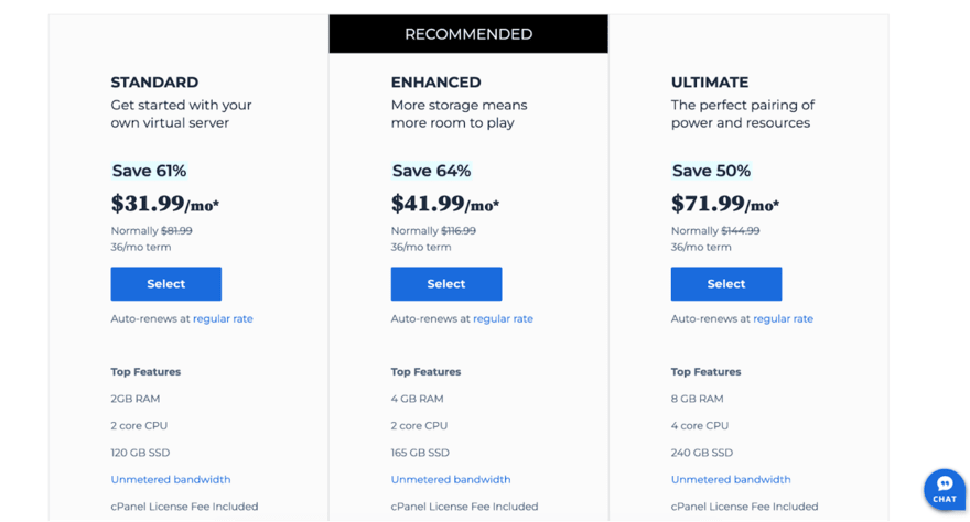 Bluehost VPS hosting plans displayed: Standard at $31.99/month, Enhanced at $41.99/month, and Ultimate at $71.99/month, with various discounts and features listed.