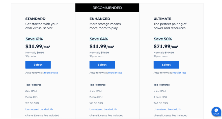 Bluehost pricing Bluehost VPS hosting plans displayed: Standard at $31.99/month, Enhanced at $41.99/month, and Ultimate at $71.99/month, with various discounts and features listed.