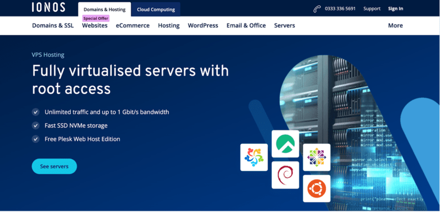Header of IONOS website promoting VPS hosting with key features like unlimited traffic, fast SSD storage, and free Plesk Web Host Edition against a server backdrop.