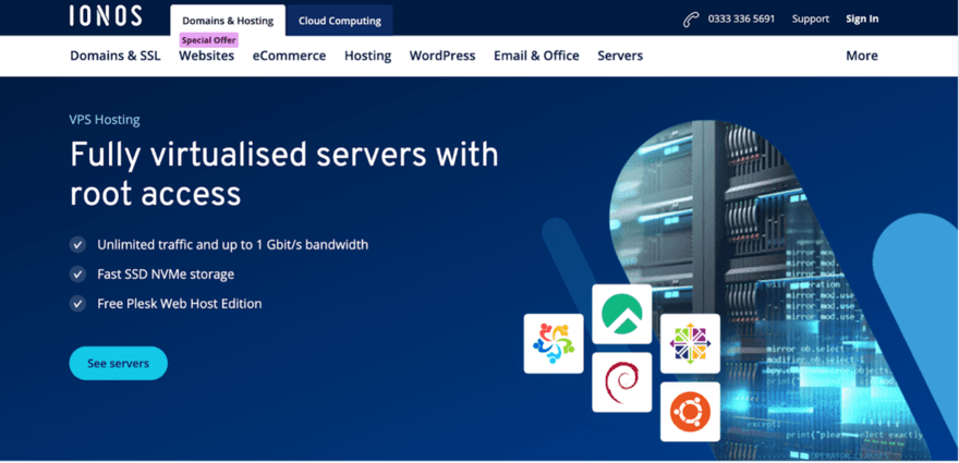 IONOS Header of IONOS website promoting VPS hosting with key features like unlimited traffic, fast SSD storage, and free Plesk Web Host Edition against a server backdrop.