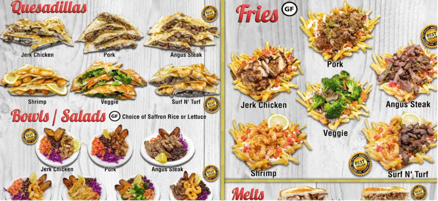 Menu A menu with plates of quesadillas and fries, including jerk chicken, pork, Angus steak, shrimp, veggie, and surf n' turf quesadillas.