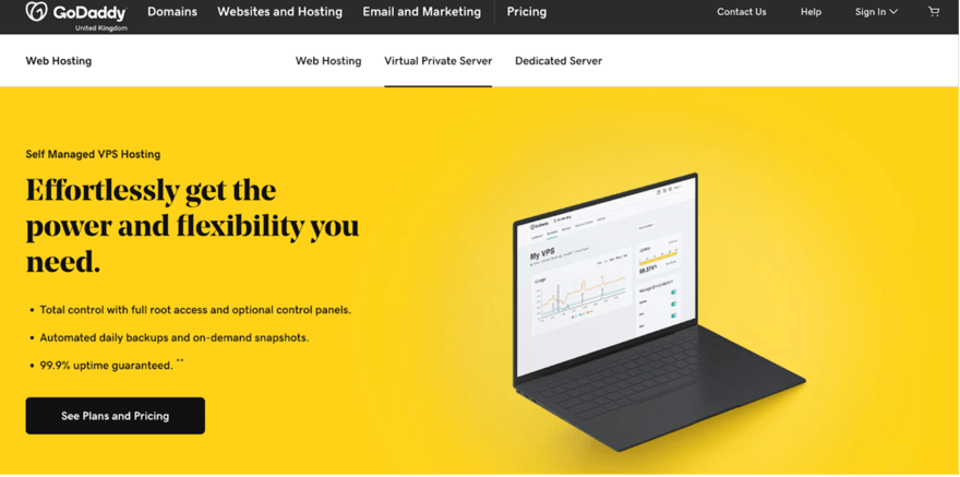 GoDaddy VPS Hosting ad with a laptop on a yellow background, highlighting full control, automated backups, and a 99.9% uptime guarantee with a "See Plans and Pricing" button.