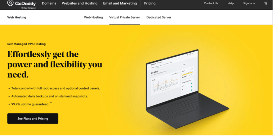 GoDaddy GoDaddy VPS Hosting ad with a laptop on a yellow background, highlighting full control, automated backups, and a 99.9% uptime guarantee with a "See Plans and Pricing" button.