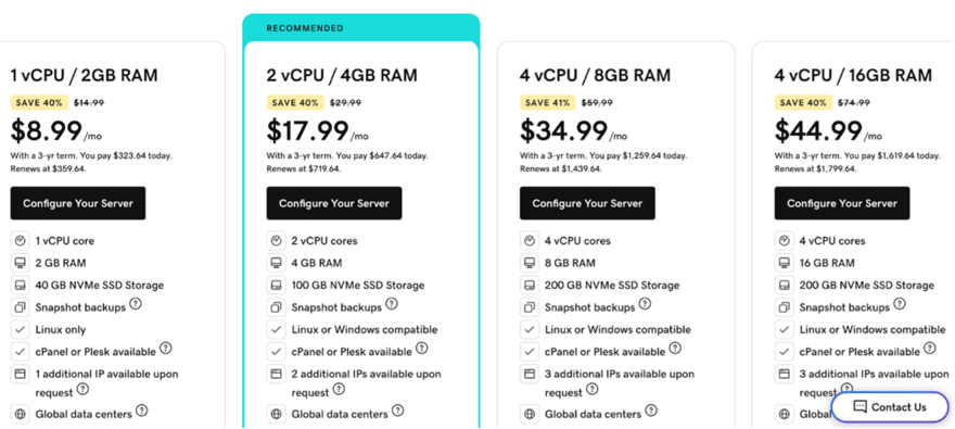 Web hosting options showing 1 to 4 vCPU, 2 to 16 GB RAM, various discounts, prices, and a "Configure Your Server" button, with a highlight on the recommended option.