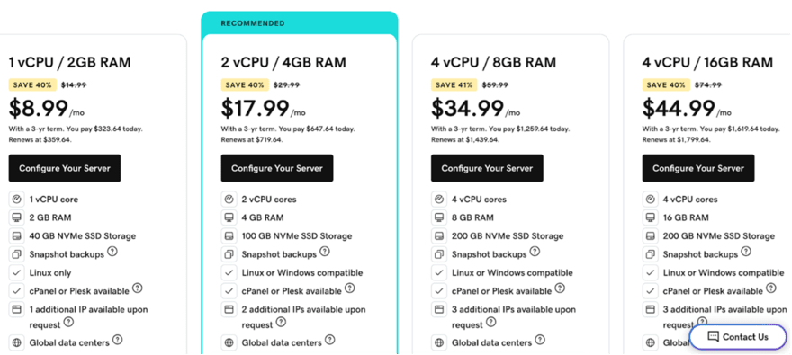 GoDaddy pricing Web hosting options showing 1 to 4 vCPU, 2 to 16 GB RAM, various discounts, prices, and a "Configure Your Server" button, with a highlight on the recommended option.