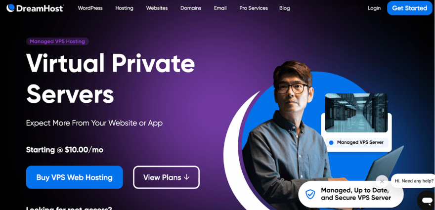 Dreamhost DreamHost Managed VPS Hosting webpage header, featuring a man with a graphic of server racks, emphasizing updated and secure servers with plans starting at $10/month.
