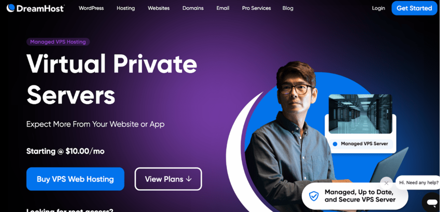 DreamHost Managed VPS Hosting webpage header, featuring a man with a graphic of server racks, emphasizing updated and secure servers with plans starting at $10/month.