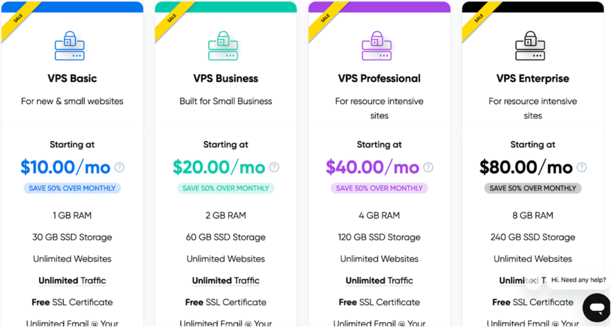 Dreamhost pricing Comparison of VPS hosting plans ranging from Basic to Enterprise, detailing prices from $10 to $80 per month, RAM from 1GB to 8GB, and increasing SSD storage and features.