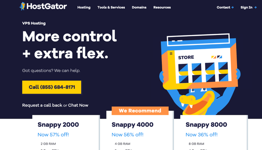 HostGator VPS Hosting page with a slogan "More control + extra flex.", a mascot holding a webpage, and discounts on Snappy 2000, 4000, and 8000 plans.