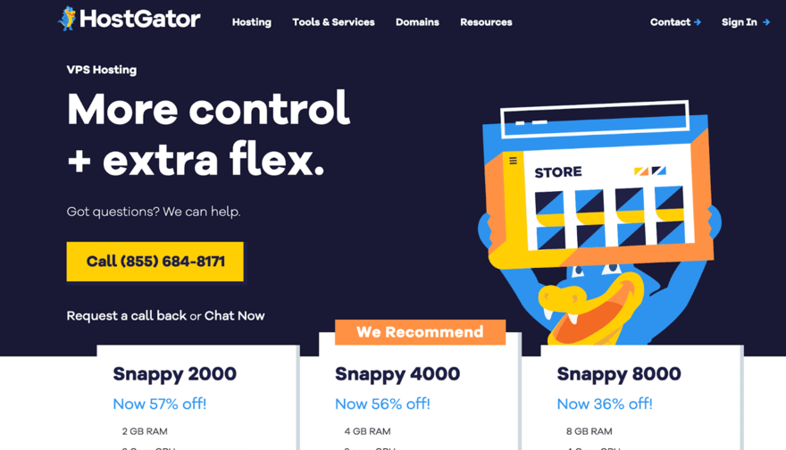 HostGator HostGator VPS Hosting page with a slogan "More control + extra flex.", a mascot holding a webpage, and discounts on Snappy 2000, 4000, and 8000 plans.