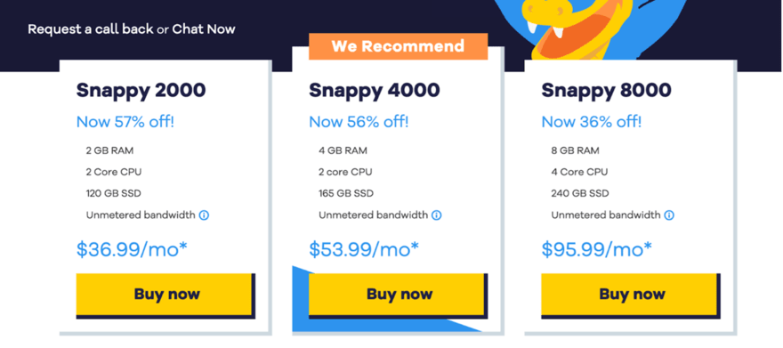 HostGator's VPS offerings with details on Snappy 2000, 4000 (recommended), and 8000 plans, including RAM, CPU, SSD, bandwidth, and discounts on monthly pricing.