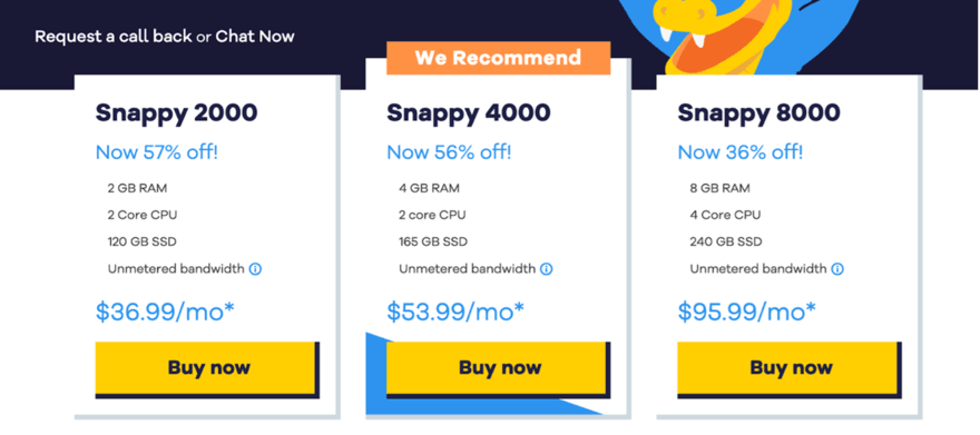 HostGator pricing HostGator's VPS offerings with details on Snappy 2000, 4000 (recommended), and 8000 plans, including RAM, CPU, SSD, bandwidth, and discounts on monthly pricing.