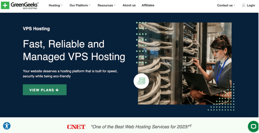 GreenGeeks VPS Hosting webpage with a tagline for fast, reliable, and managed VPS Hosting, featuring a woman working in a server room, promoting eco-friendly hosting.