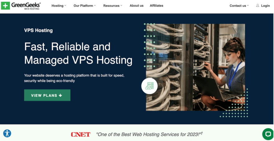 GreenGeeks GreenGeeks VPS Hosting webpage with a tagline for fast, reliable, and managed VPS Hosting, featuring a woman working in a server room, promoting eco-friendly hosting.