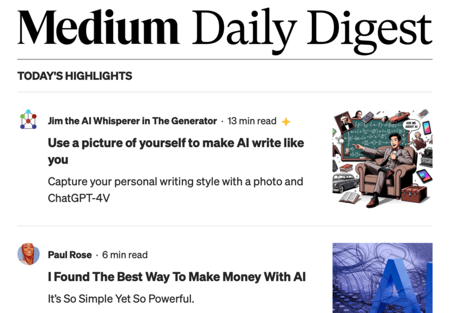 Medium Medium's Daily Digest section, which offers readers the best of its content.