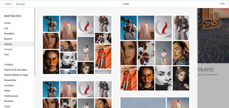 Gallery layout options in pixpa's website editor