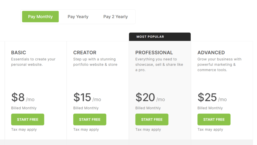 Pixpa's website builder pricing showing 4 plans