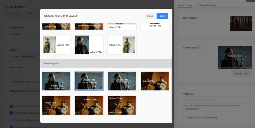 Pixpa video cover layouts Pop up box with video cover layout templates to choose from in Pixpa client gallery settings