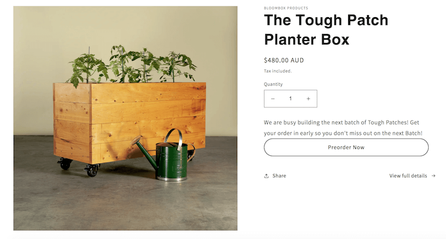 planters Product page for a wooden planter box made by Bloom Box Products