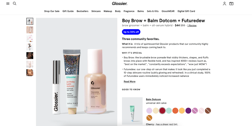 Glossier product page with product photo and written information