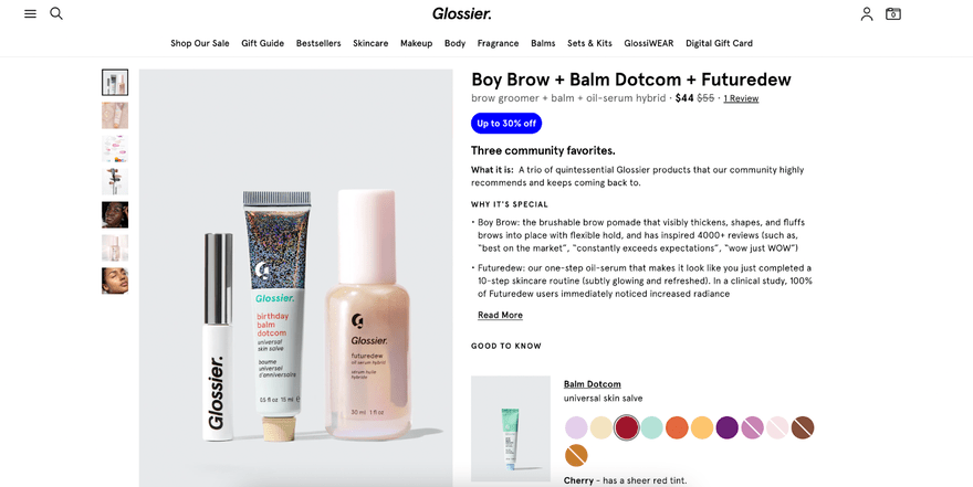 product photography Glossier Glossier product page with product photo and written information