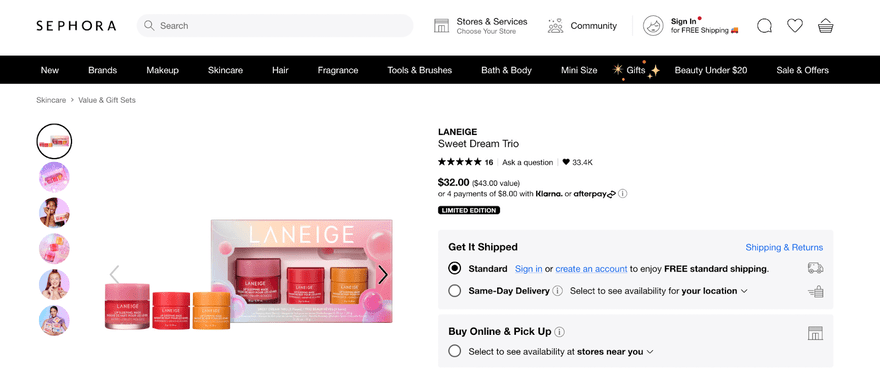 Product photography Sephora Product page on Sephora of the Laneige Sweet Dream Trio with shipping information