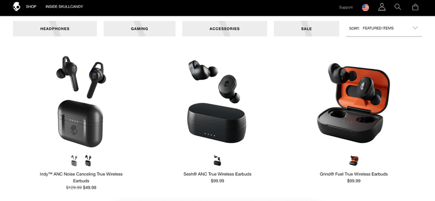 Three Skullcandy earbud product photos: Indy, Sesh, and Grind earbuds
