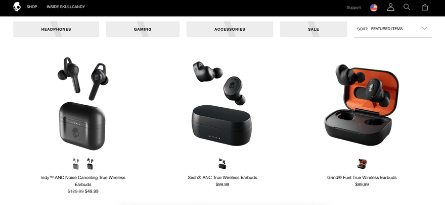 Product photography Skullcandy Three Skullcandy earbud product photos: Indy, Sesh, and Grind earbuds