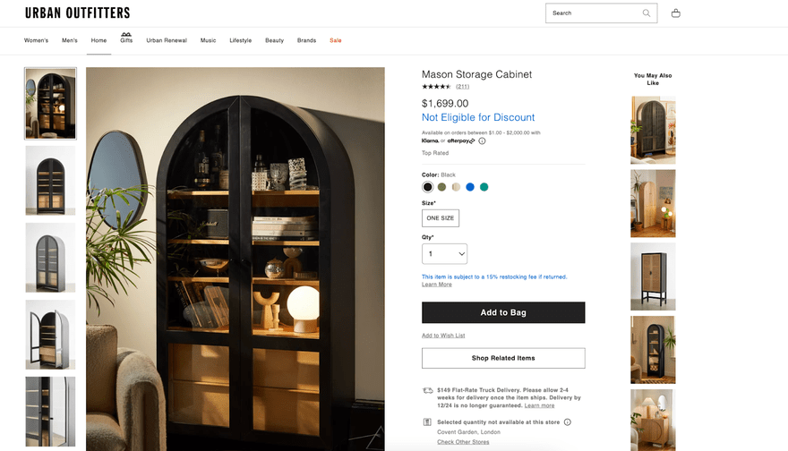 Product page for Urban Outfitters Mason Storage Cabinet with photos and written descriptions