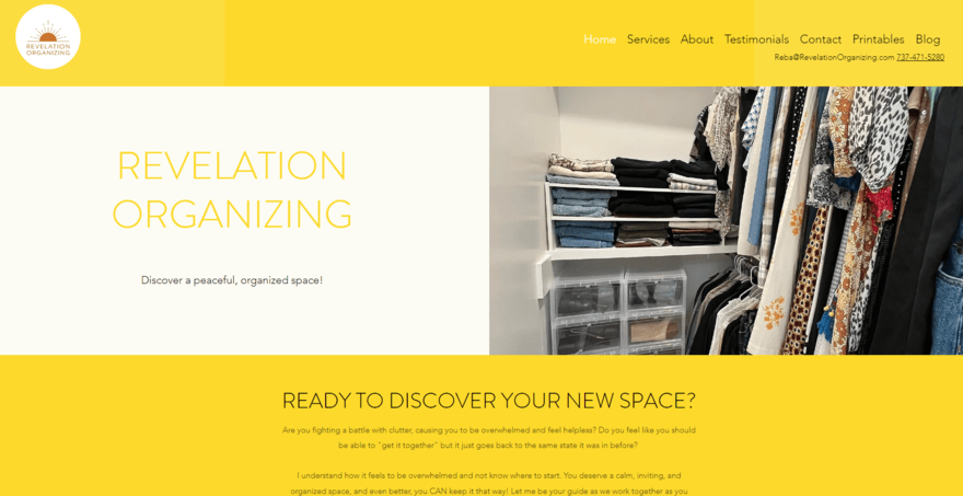 Revelation Organizing homepage Homepage for Revelation Organizing's website sharing the business services