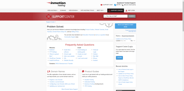 InMotion Support Support center page with common FAQs