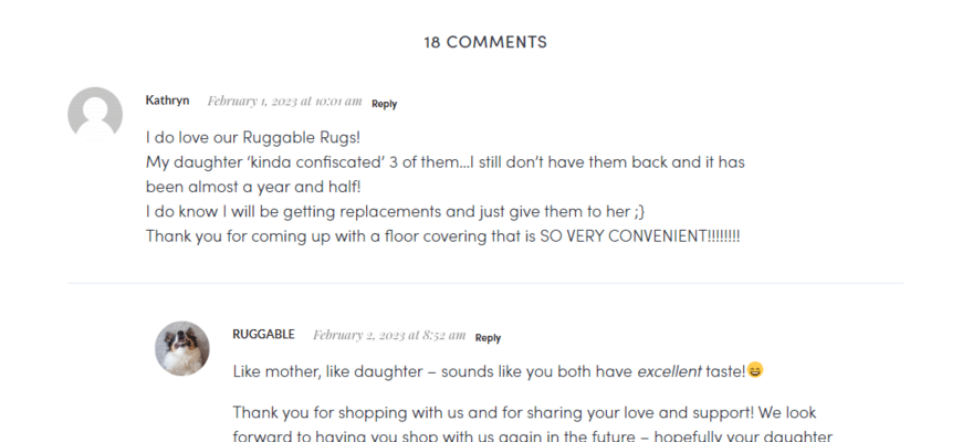 Consumer comment with response by Ruggable on Ruggable's blog post