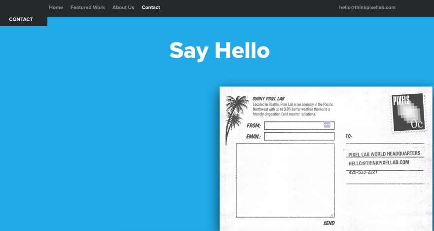 Say Hello Pixel Lab Contact us page on Pixel Lab website.
