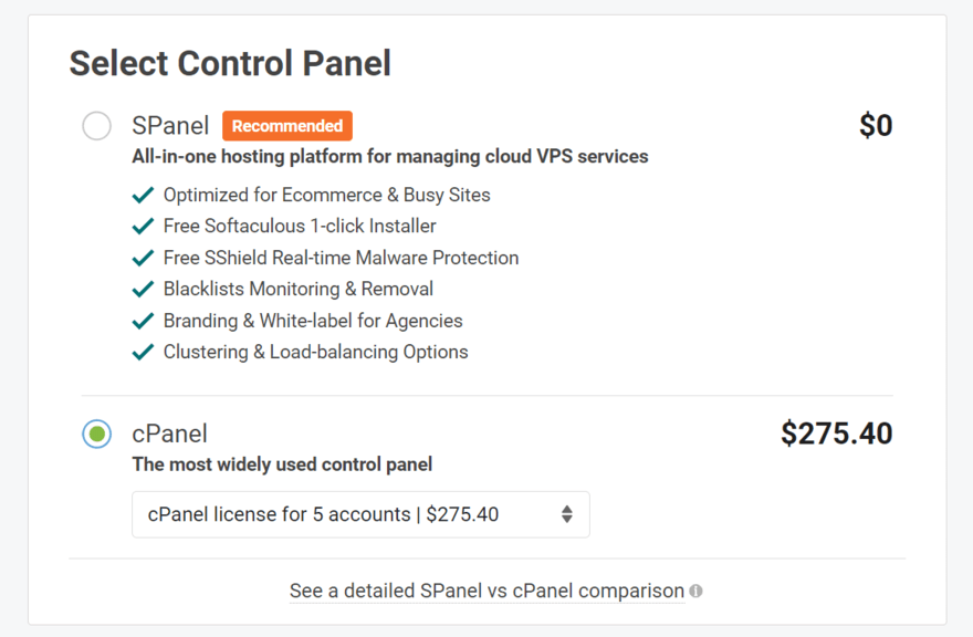 Scala Hosting cPanel checkout cost Scala Hosting checkout page featuring a box to select your control panel of choice: either SPanel for $0 or cPanel for $275.40