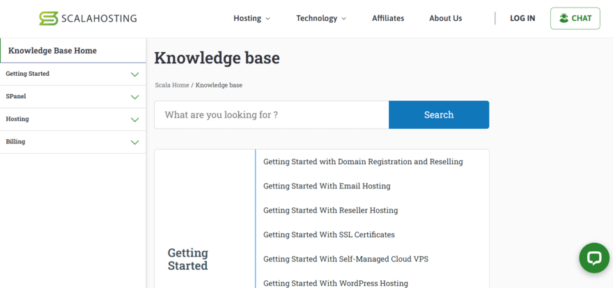 Scala Hosting's Knowledge Base featuring a search bar for queries and a list of categories to the left