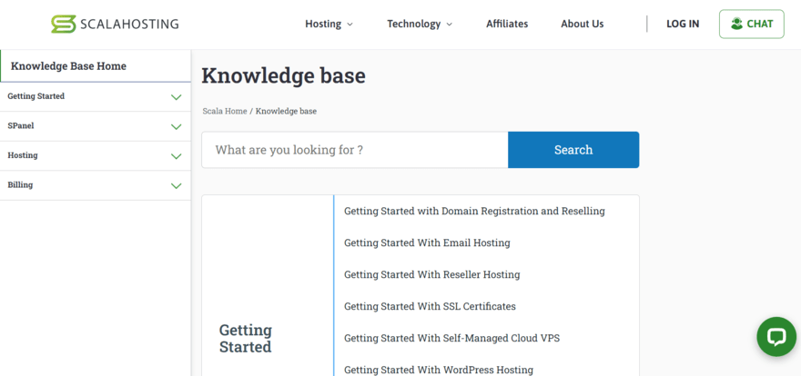Scala Hosting knowledge base Scala Hosting's Knowledge Base featuring a search bar for queries and a list of categories to the left