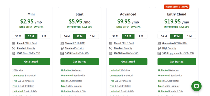 Scala Hosting's four shared hosting plans, detailing the price and features within each