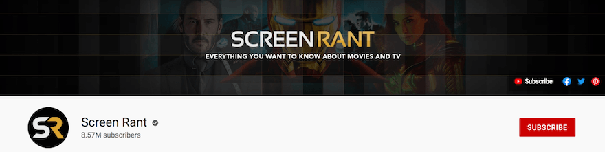 Screen Rant YouTube channel name screenshot YouTube channel header for Screen Rant