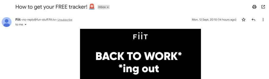 Fiit email header with "Back to work* *ing out"