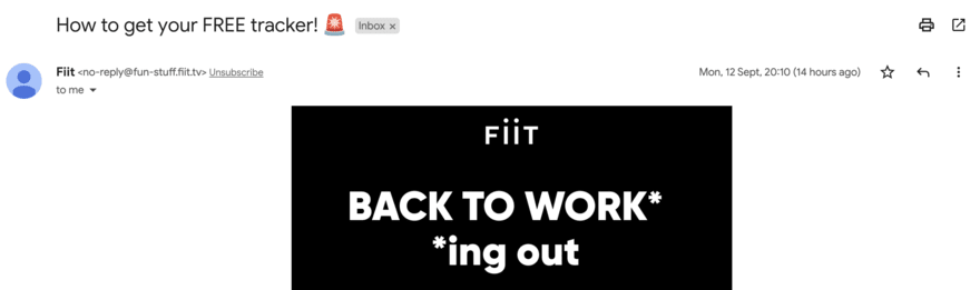 Fitness brand Fiit Fiit email header with "Back to work* *ing out"