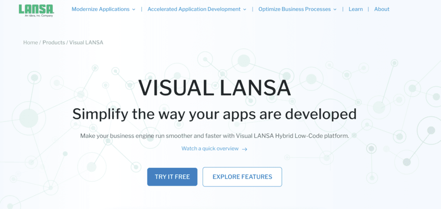 Visual LANSA app development page with blue "try it free" button