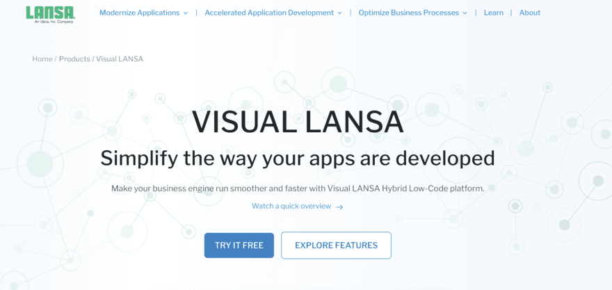 Visual LANSA Visual LANSA app development page with blue "try it free" button