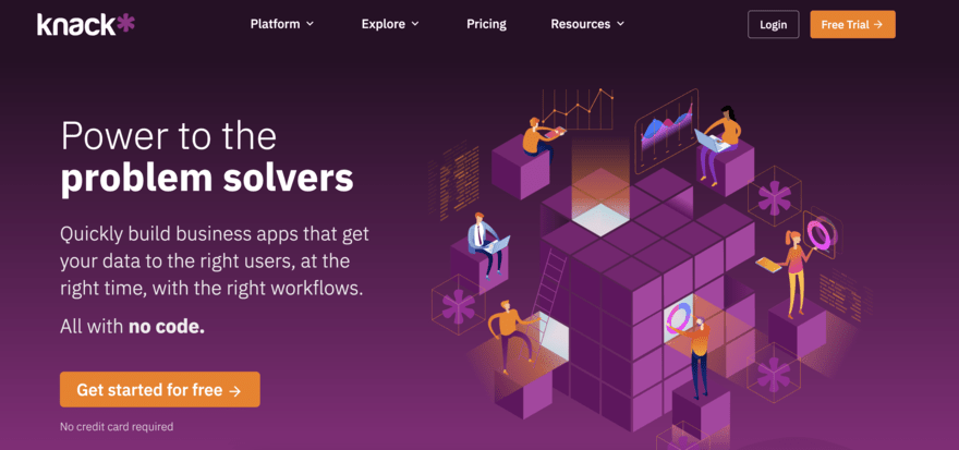 Knack Knack tool "get started" page with graphic of people working around a purple rubix cube
